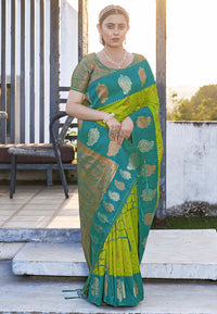 Bollywood Lime Soft Silk Contrast Zari Woven Saree