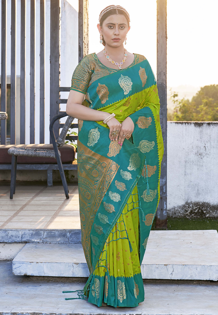 Bollywood Lime Soft Silk Contrast Zari Woven Saree