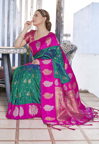 Bollywood Dark Green Soft Silk Contrast Zari Woven Saree