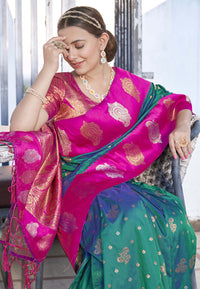 Bollywood Dark Green Soft Silk Contrast Zari Woven Saree