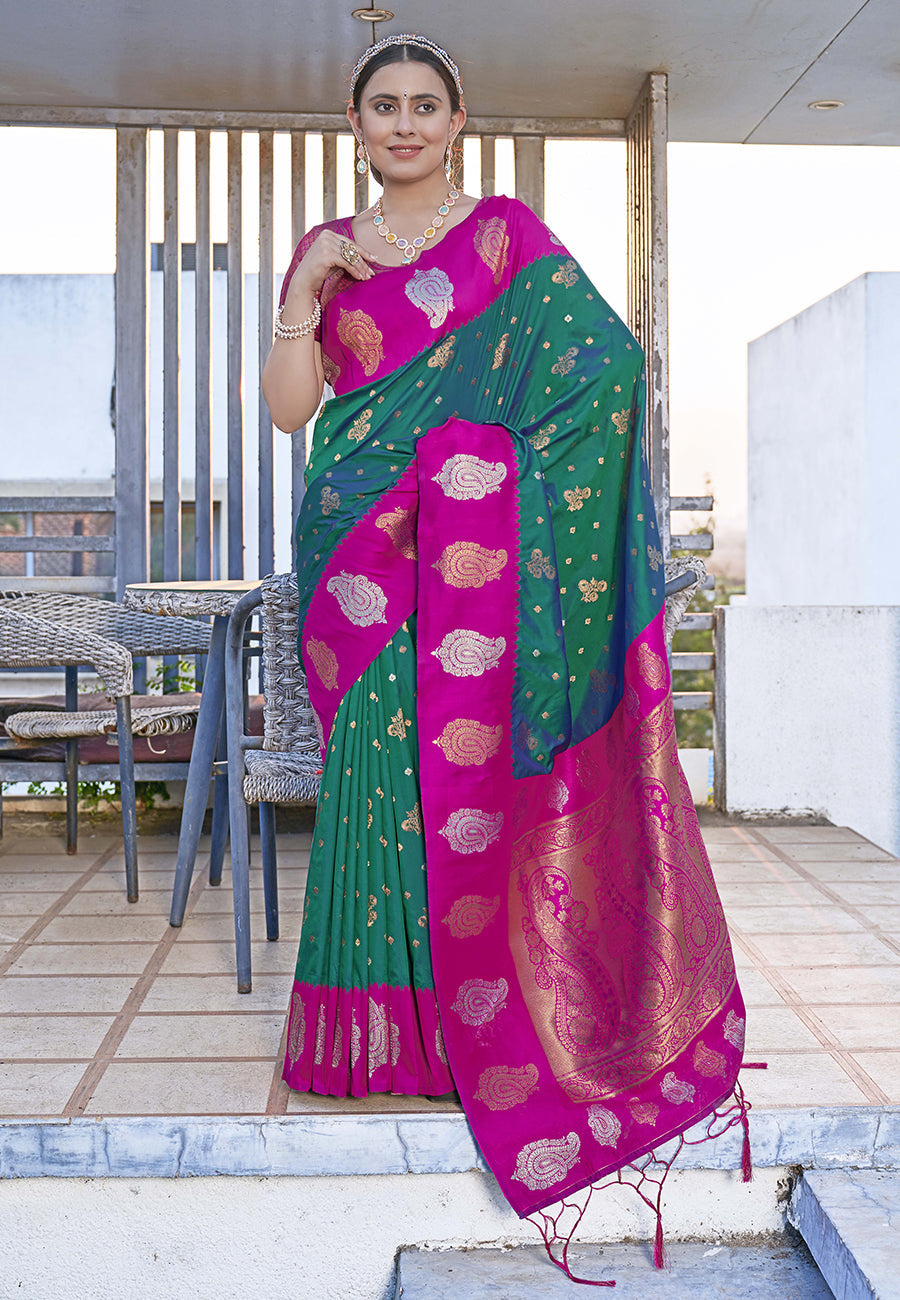 Bollywood Dark Green Soft Silk Contrast Zari Woven Saree