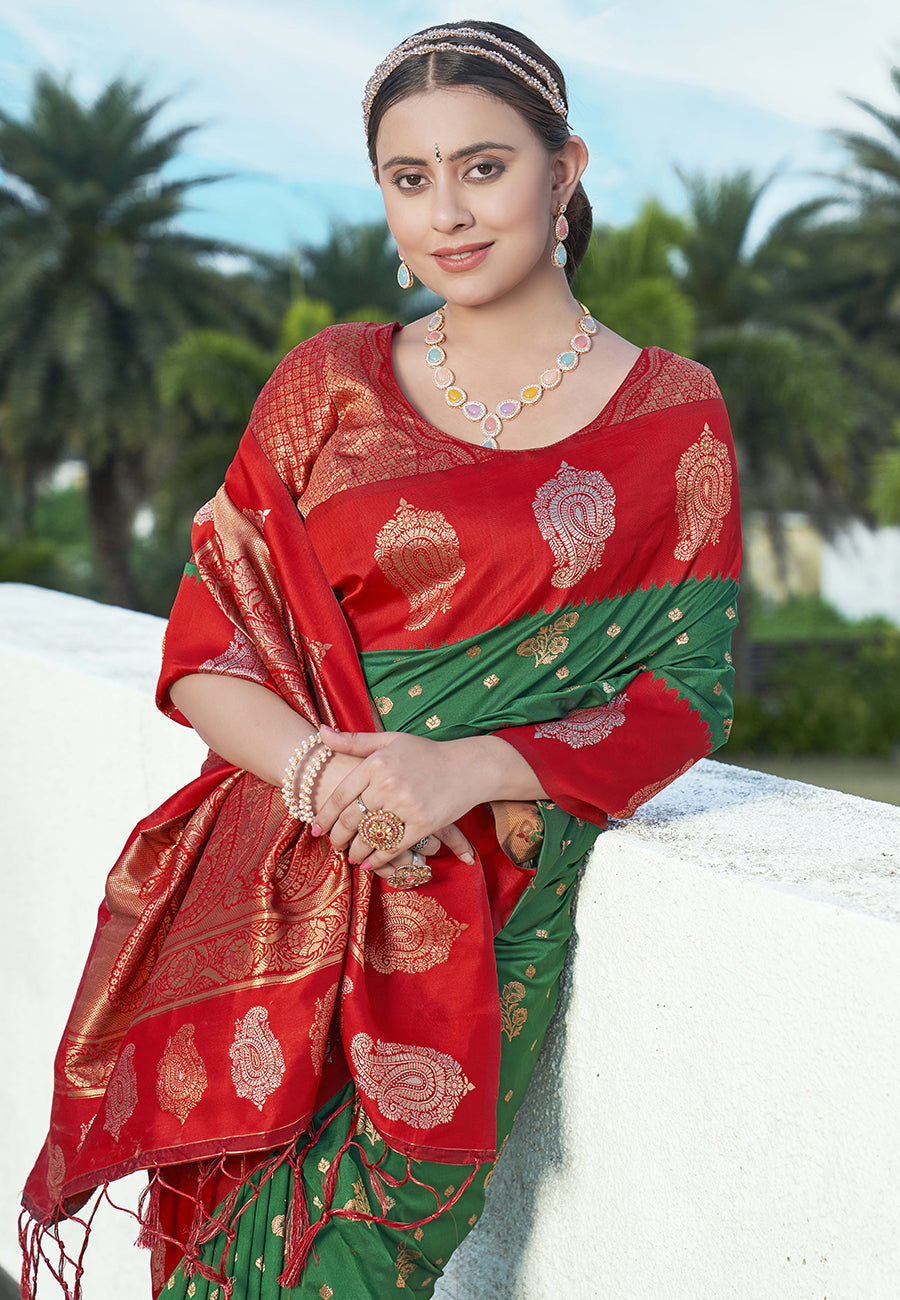 Bollywood Green Soft Silk Contrast Zari Woven Saree