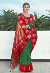 Bollywood Green Soft Silk Contrast Zari Woven Saree