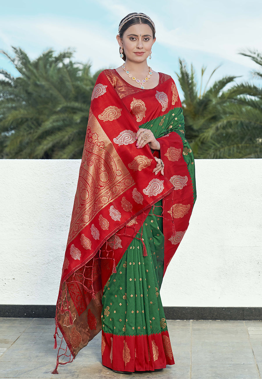 Bollywood Green Soft Silk Contrast Zari Woven Saree