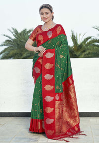 Bollywood Green Soft Silk Contrast Zari Woven Saree