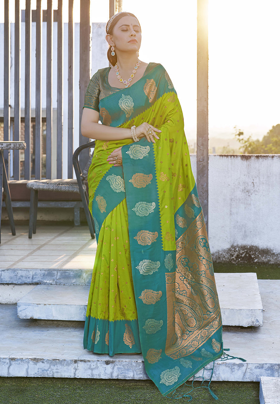 Bollywood Lime Soft Silk Contrast Zari Woven Saree