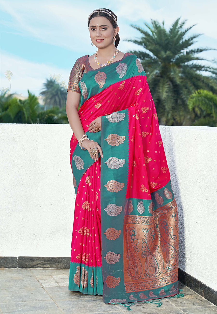 Bollywood Rani Soft Silk Contrast Zari Woven Saree