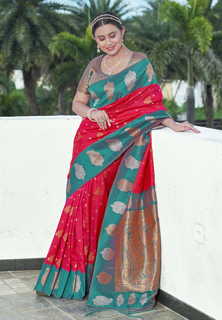 Bollywood Rani Soft Silk Contrast Zari Woven Saree
