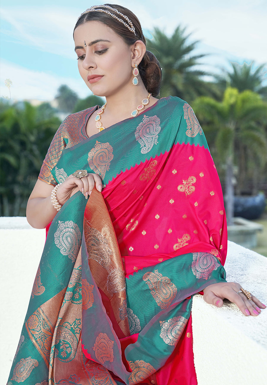 Bollywood Rani Soft Silk Contrast Zari Woven Saree