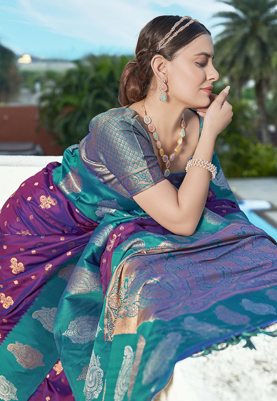 Bollywood Purple Soft Silk Contrast Zari Woven Saree