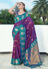 Bollywood Purple Soft Silk Contrast Zari Woven Saree
