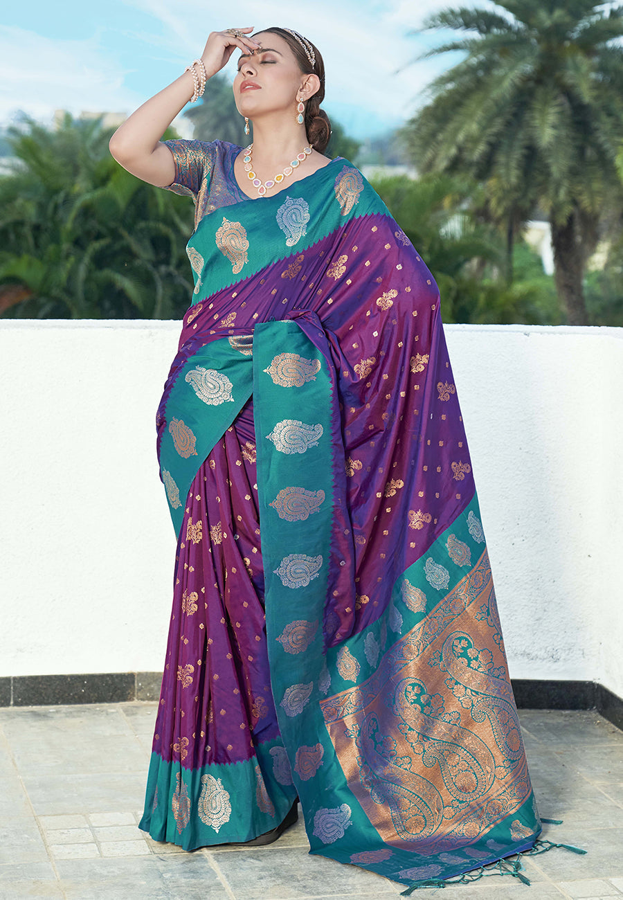 Bollywood Purple Soft Silk Contrast Zari Woven Saree