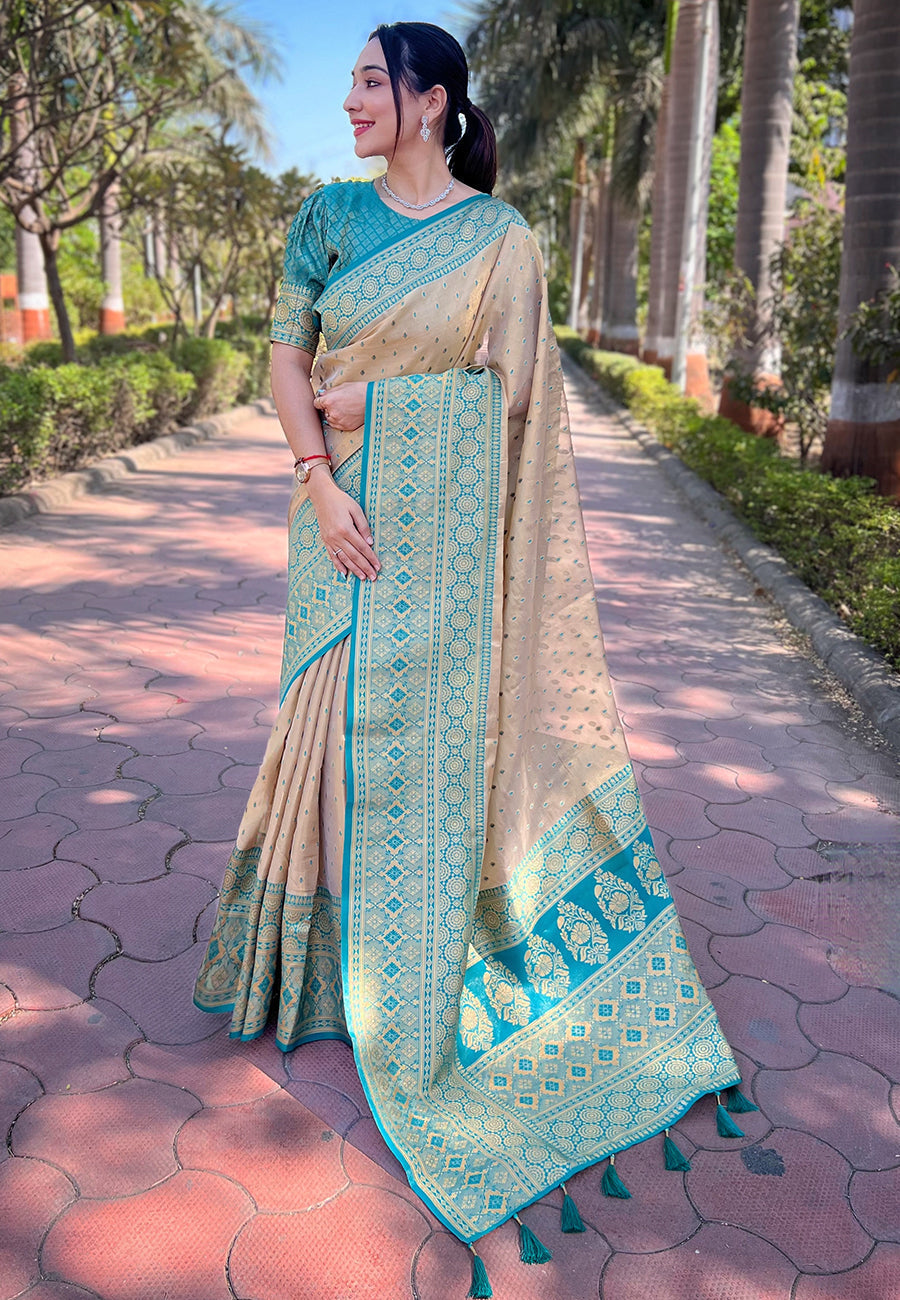 Chickoo Pure Tissue Zari Woven Saree With Contrast Weaves