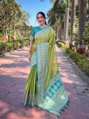 Green Pure Tissue Zari Woven Saree With Contrast Weaves