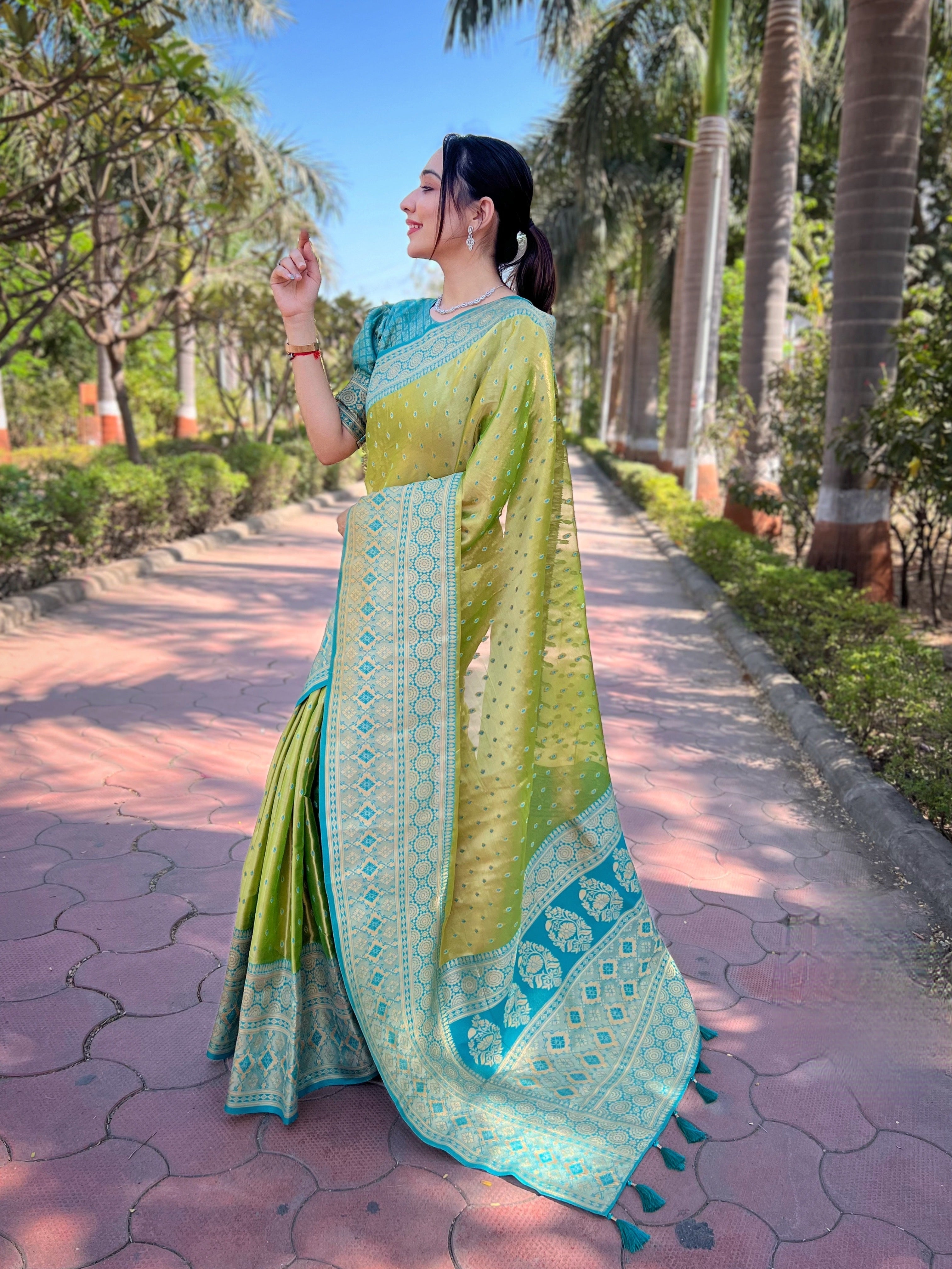 Green Pure Tissue Zari Woven Saree With Contrast Weaves