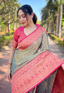 Grey Pure Tissue Zari Woven Saree With Contrast Weaves