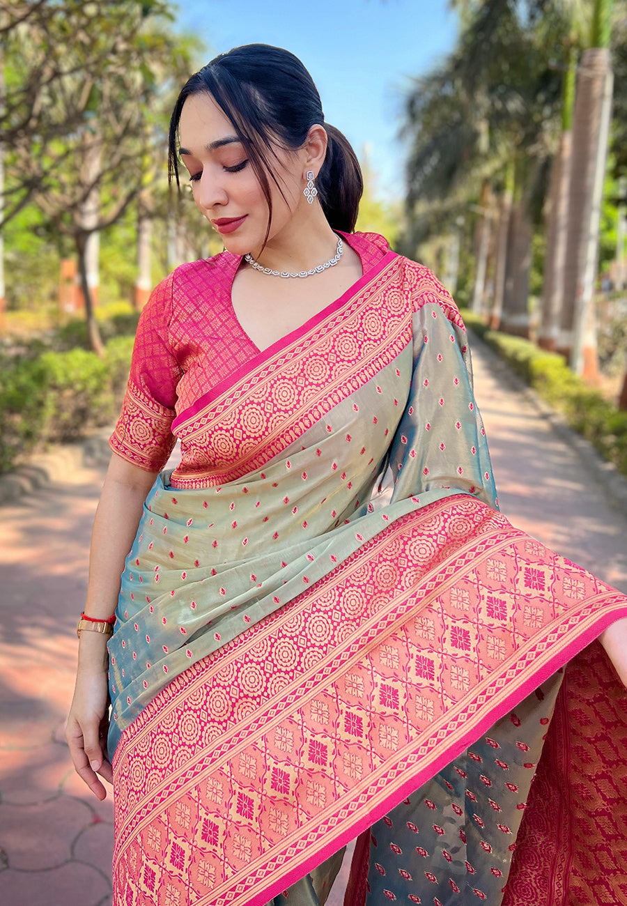 Grey Pure Tissue Zari Woven Saree With Contrast Weaves
