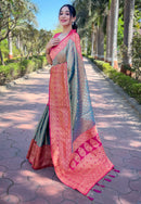 Grey Pure Tissue Zari Woven Saree With Contrast Weaves