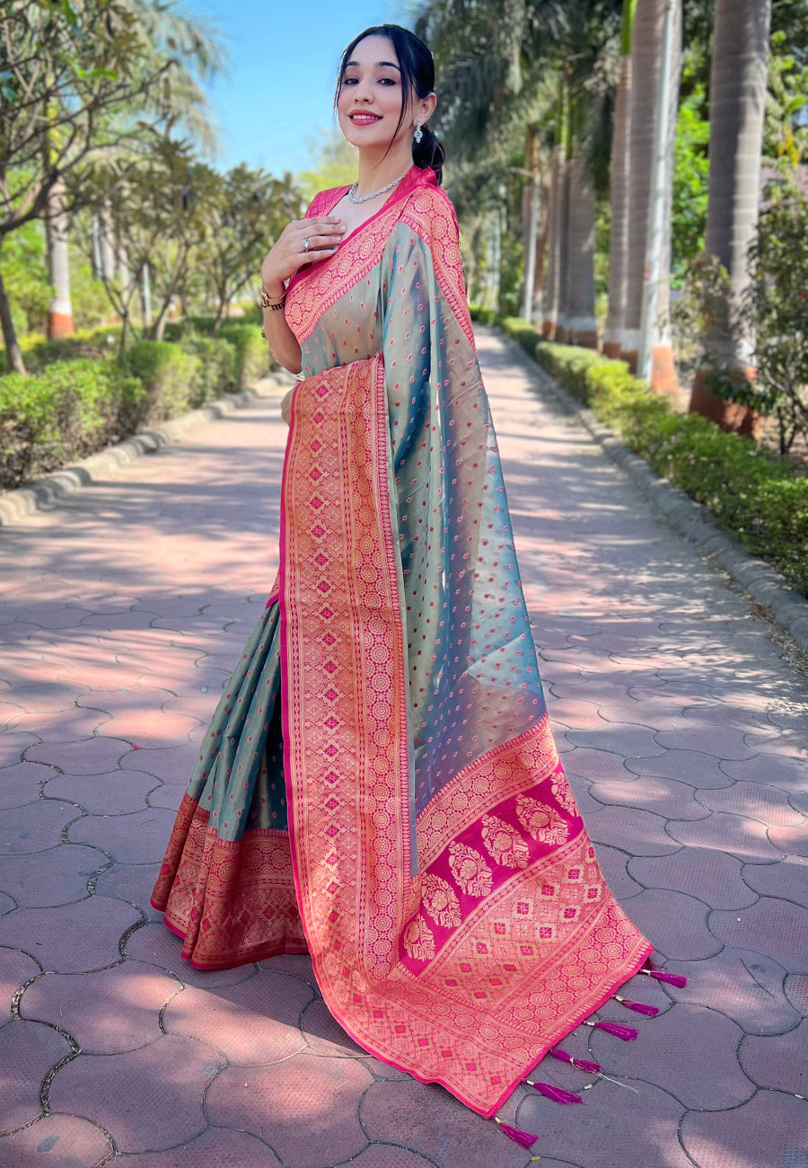 Grey Pure Tissue Zari Woven Saree With Contrast Weaves