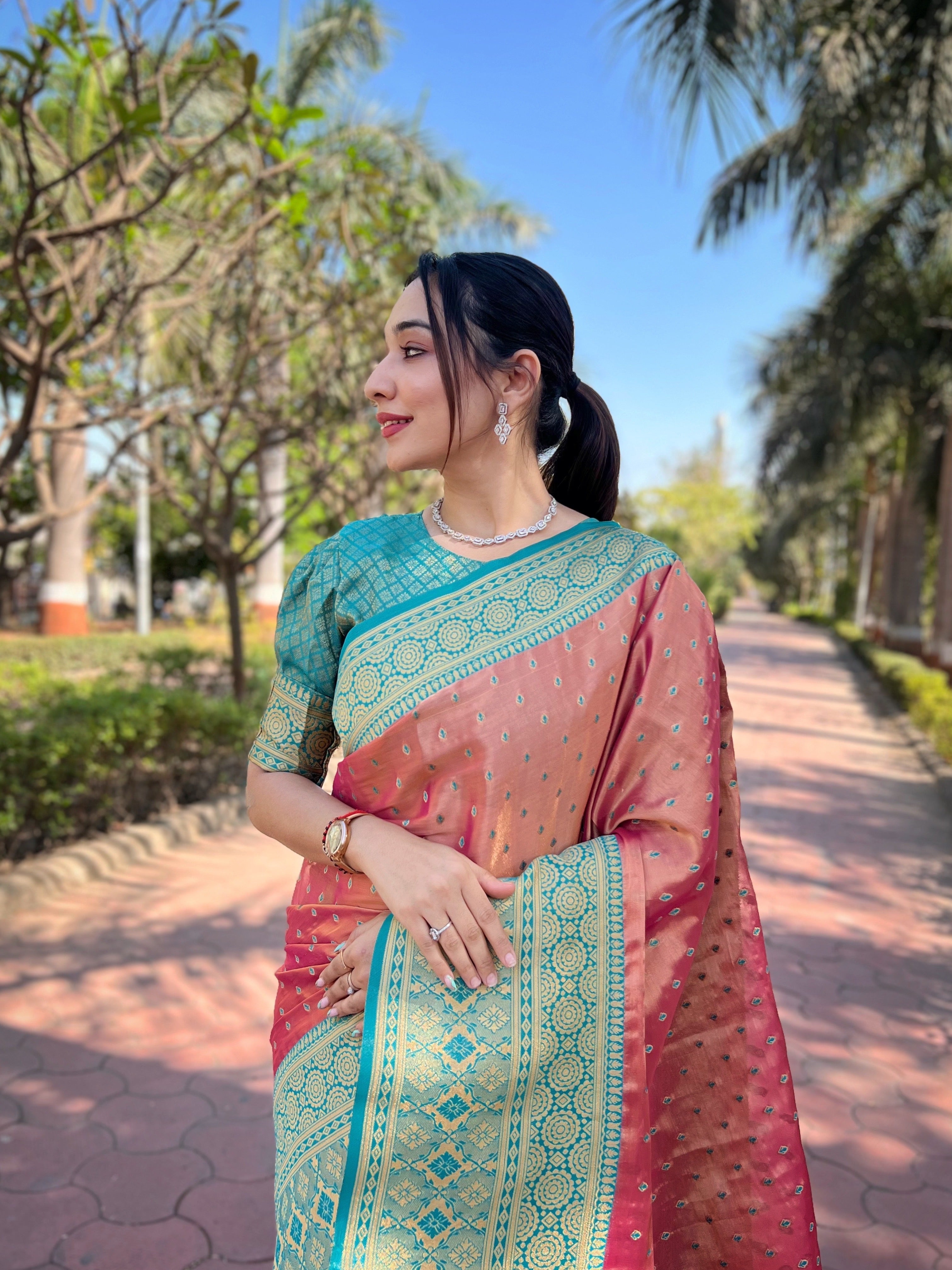 Pink Pure Tissue Zari Woven Saree With Contrast Weaves