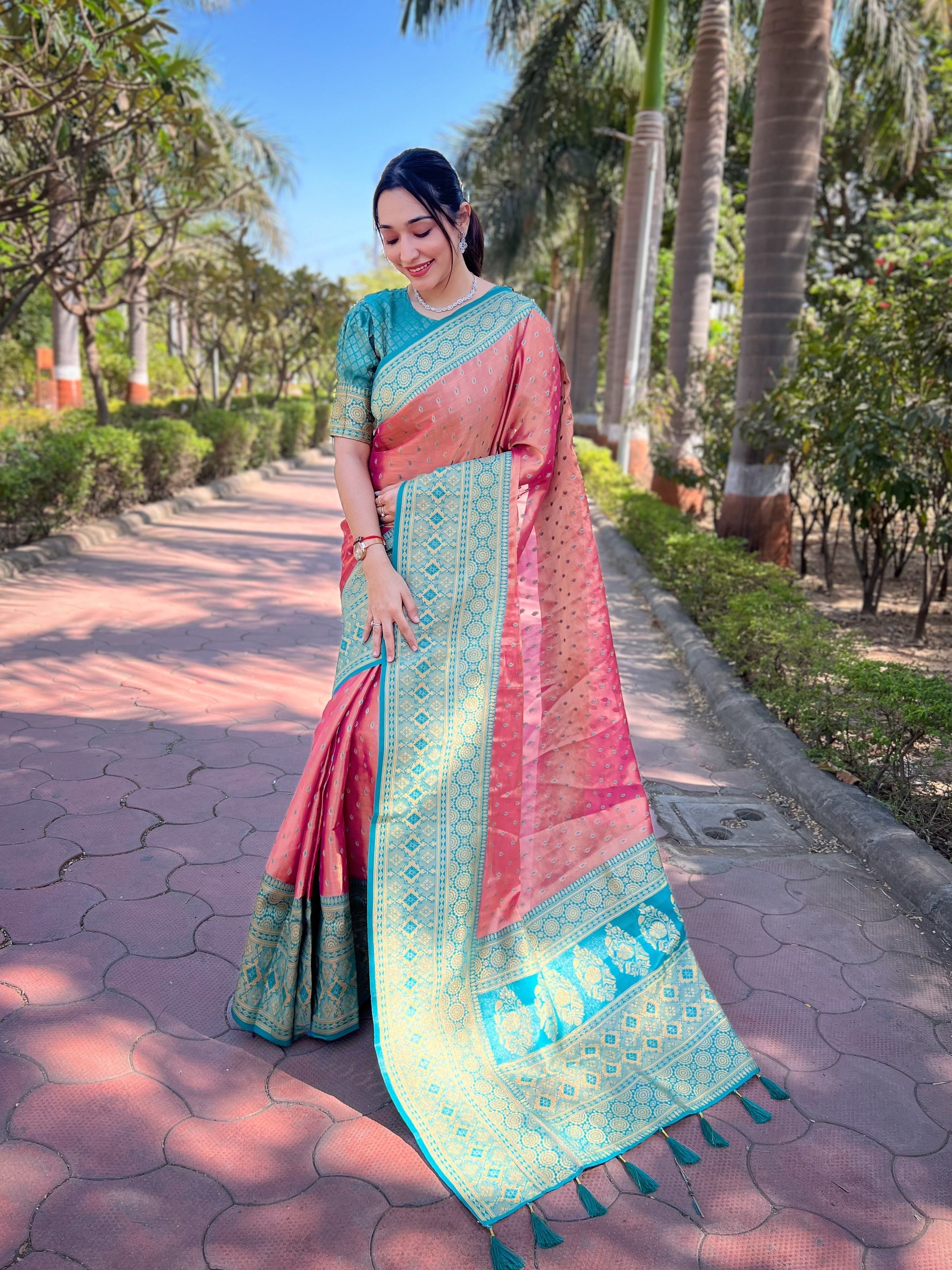 Pink Pure Tissue Zari Woven Saree With Contrast Weaves