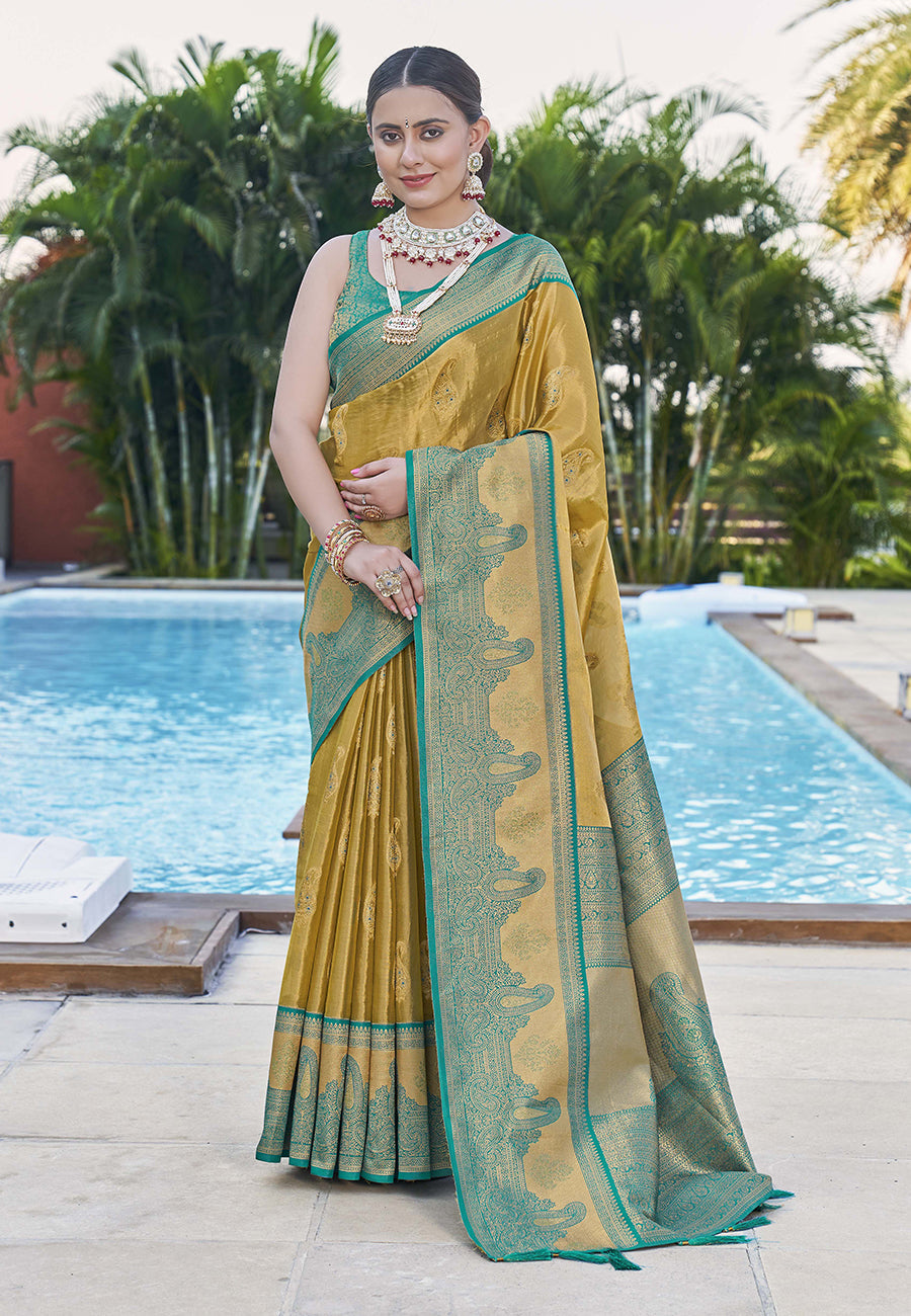 Latest Pure Tissue Zari Woven Olive Colour Saree