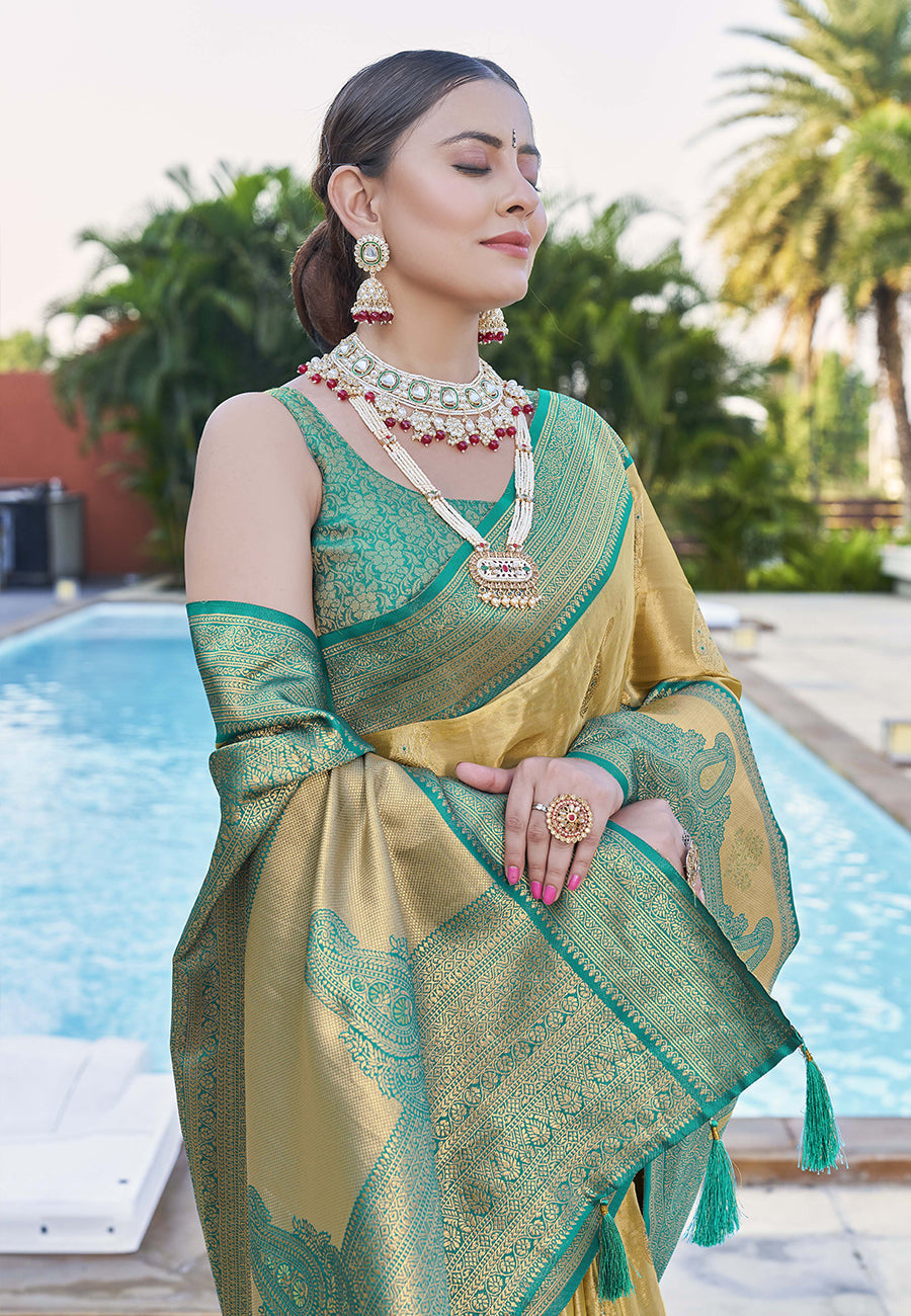 Latest Pure Tissue Zari Woven Olive Colour Saree