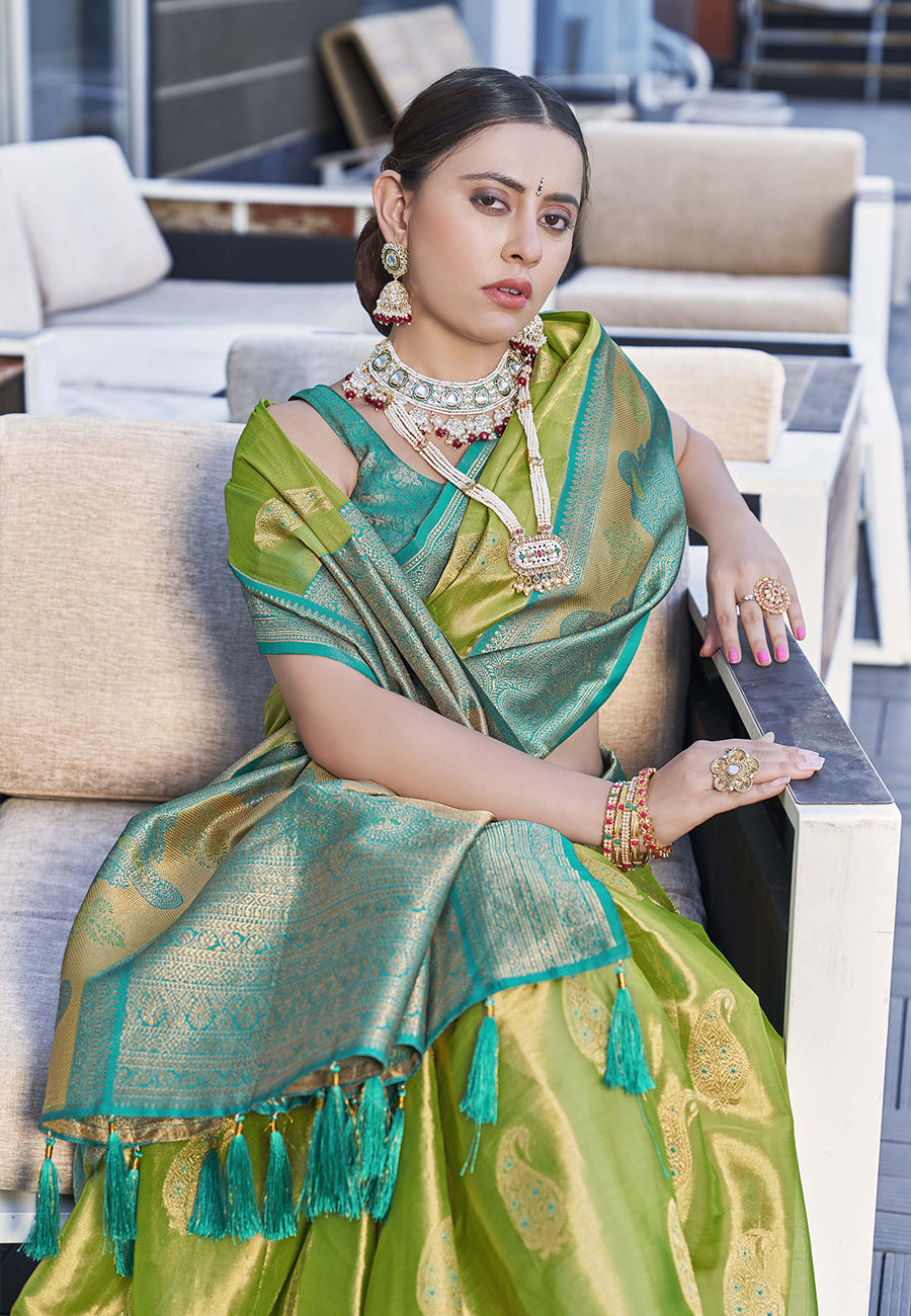 Latest Pure Tissue Zari Woven Green Colour Saree