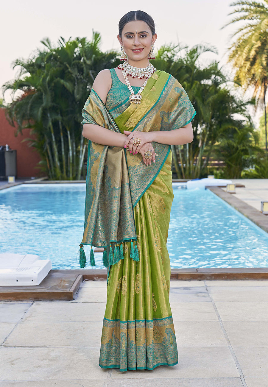 Latest Pure Tissue Zari Woven Green Colour Saree