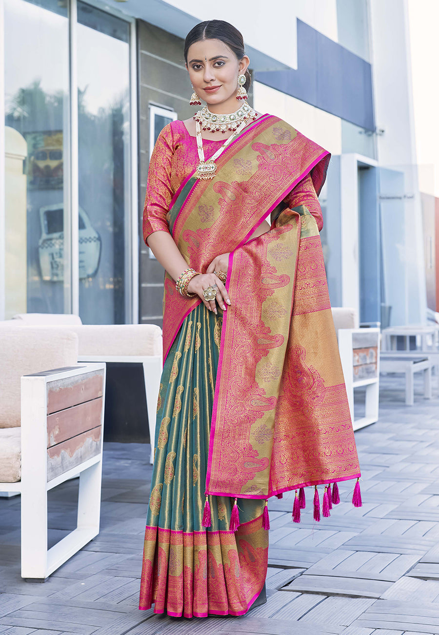 Latest Pure Tissue Zari Woven Coral Colour Saree