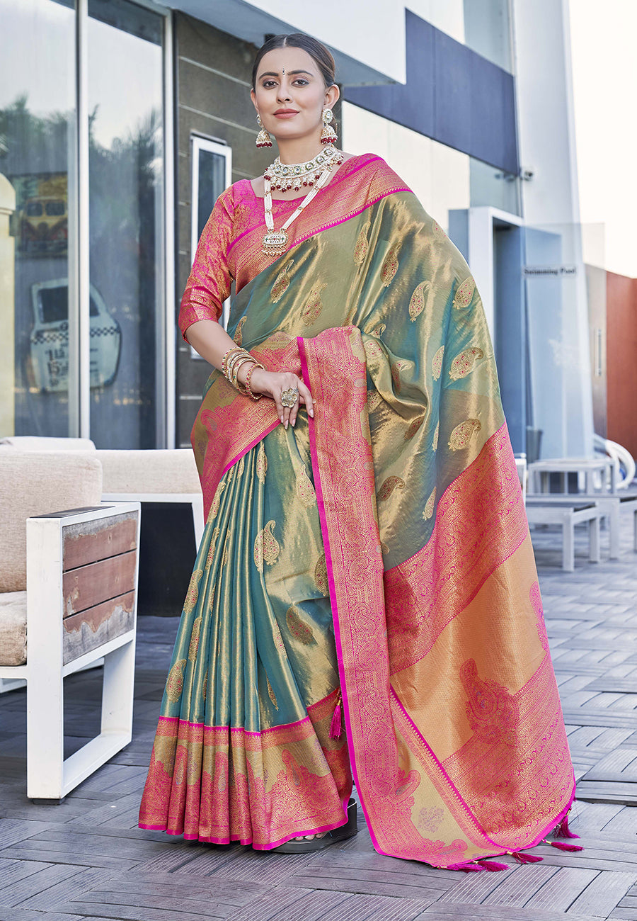 Latest Pure Tissue Zari Woven Coral Colour Saree