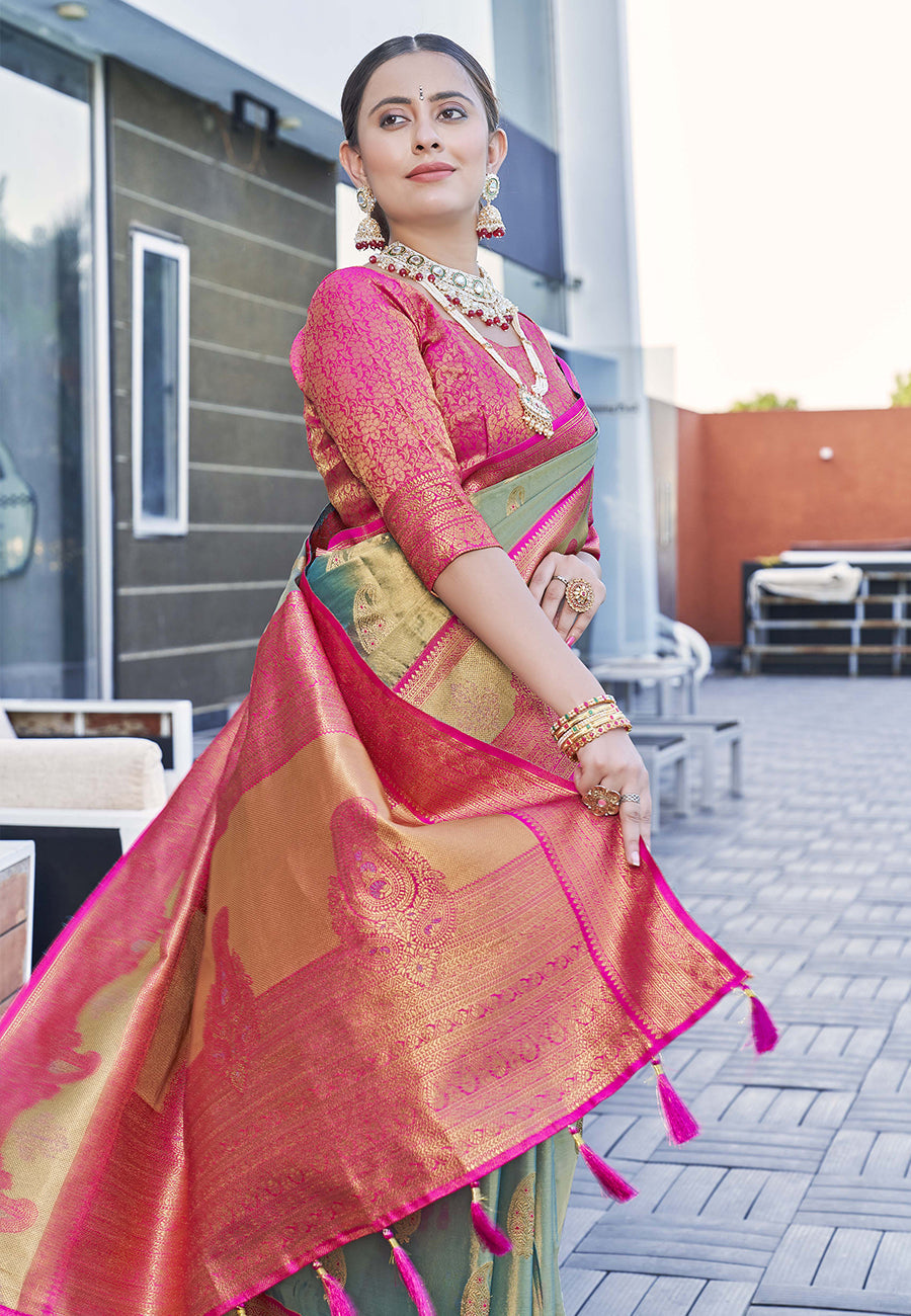 Latest Pure Tissue Zari Woven Coral Colour Saree