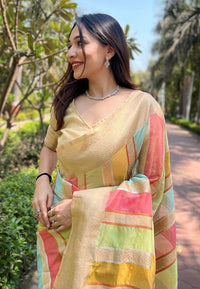 Cream Organza Multicolor Latest Zari Woven Saree