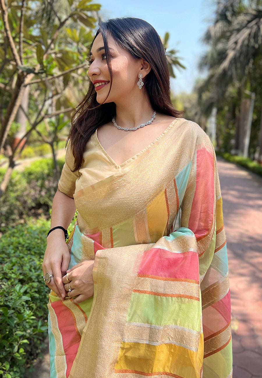 Cream Organza Multicolor Latest Zari Woven Saree