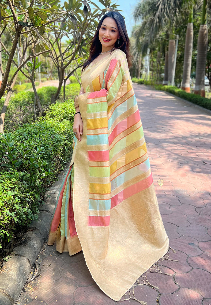 Cream Organza Multicolor Latest Zari Woven Saree