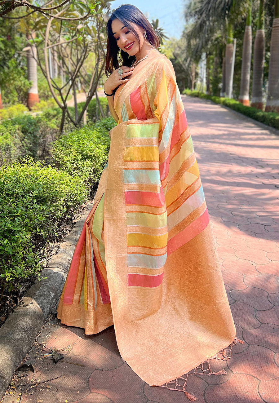 Dark Peach Organza Multicolor Latest Zari Woven Saree
