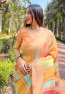 Dark Peach Organza Multicolor Latest Zari Woven Saree
