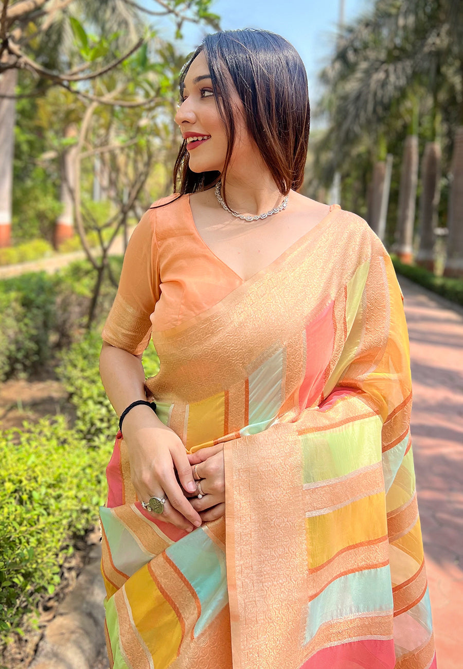 Dark Peach Organza Multicolor Latest Zari Woven Saree