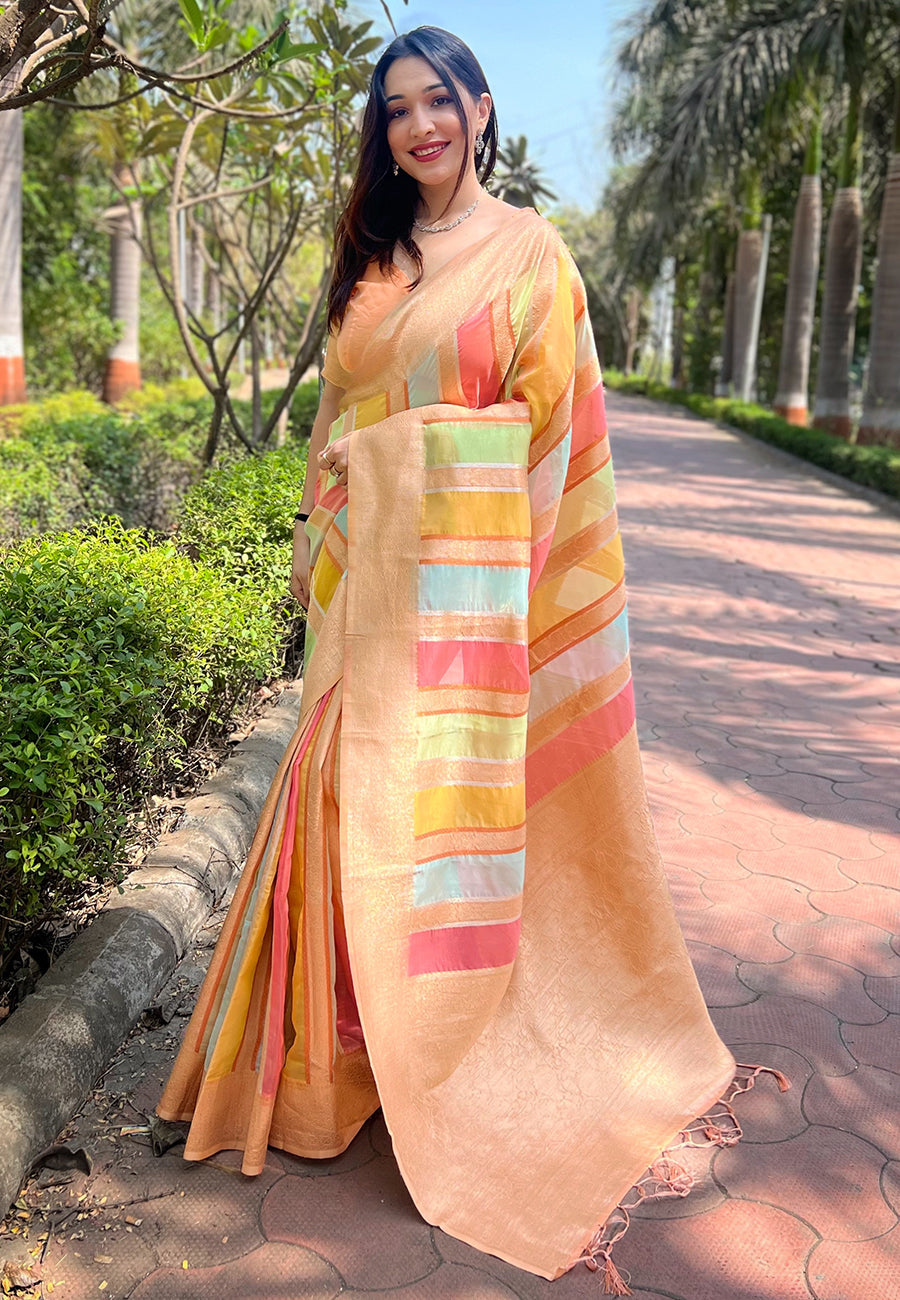Dark Peach Organza Multicolor Latest Zari Woven Saree