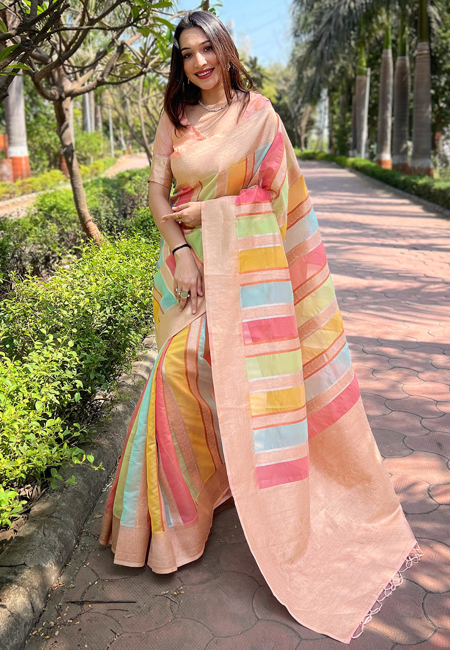 Light Peach Organza Multicolor Latest Zari Woven Saree