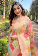 Light Peach Organza Multicolor Latest Zari Woven Saree