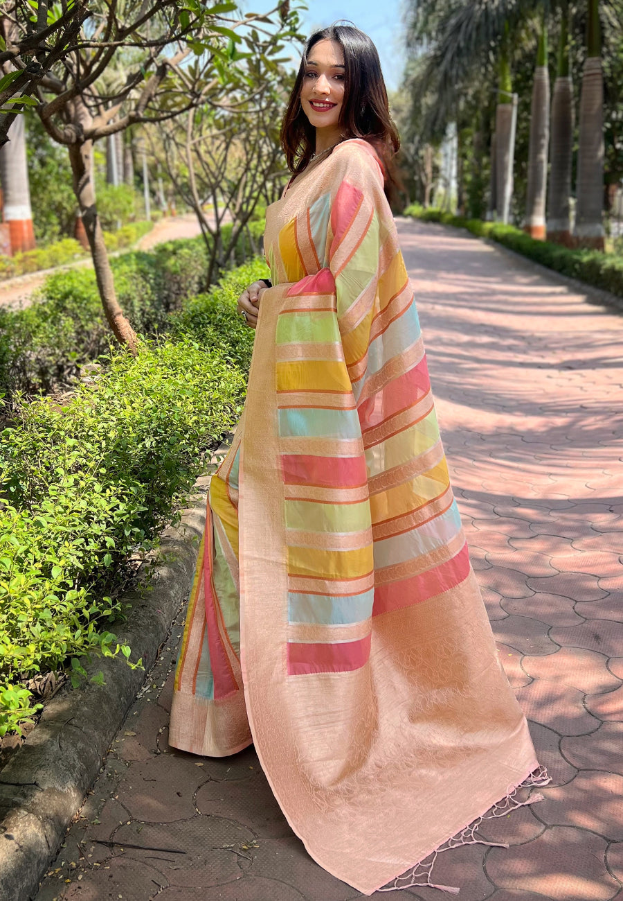Light Peach Organza Multicolor Latest Zari Woven Saree