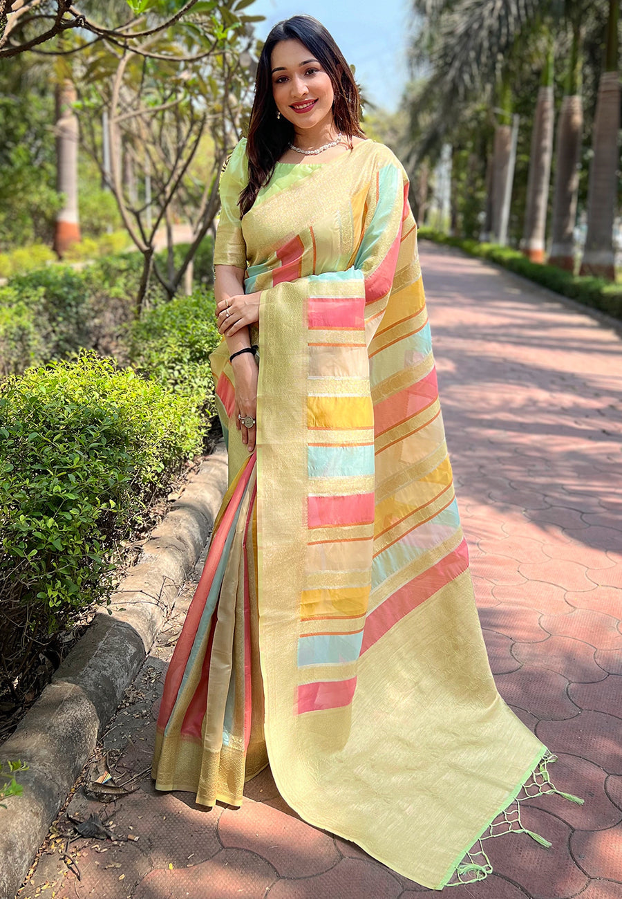 Mint Green Organza Multicolor Latest Zari Woven Saree