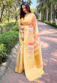 Yellow Organza Multicolor Latest Zari Woven Saree