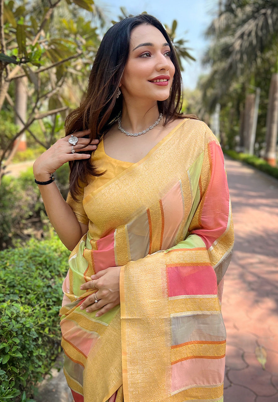 Yellow Organza Multicolor Latest Zari Woven Saree