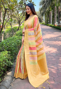 Yellow Organza Multicolor Latest Zari Woven Saree