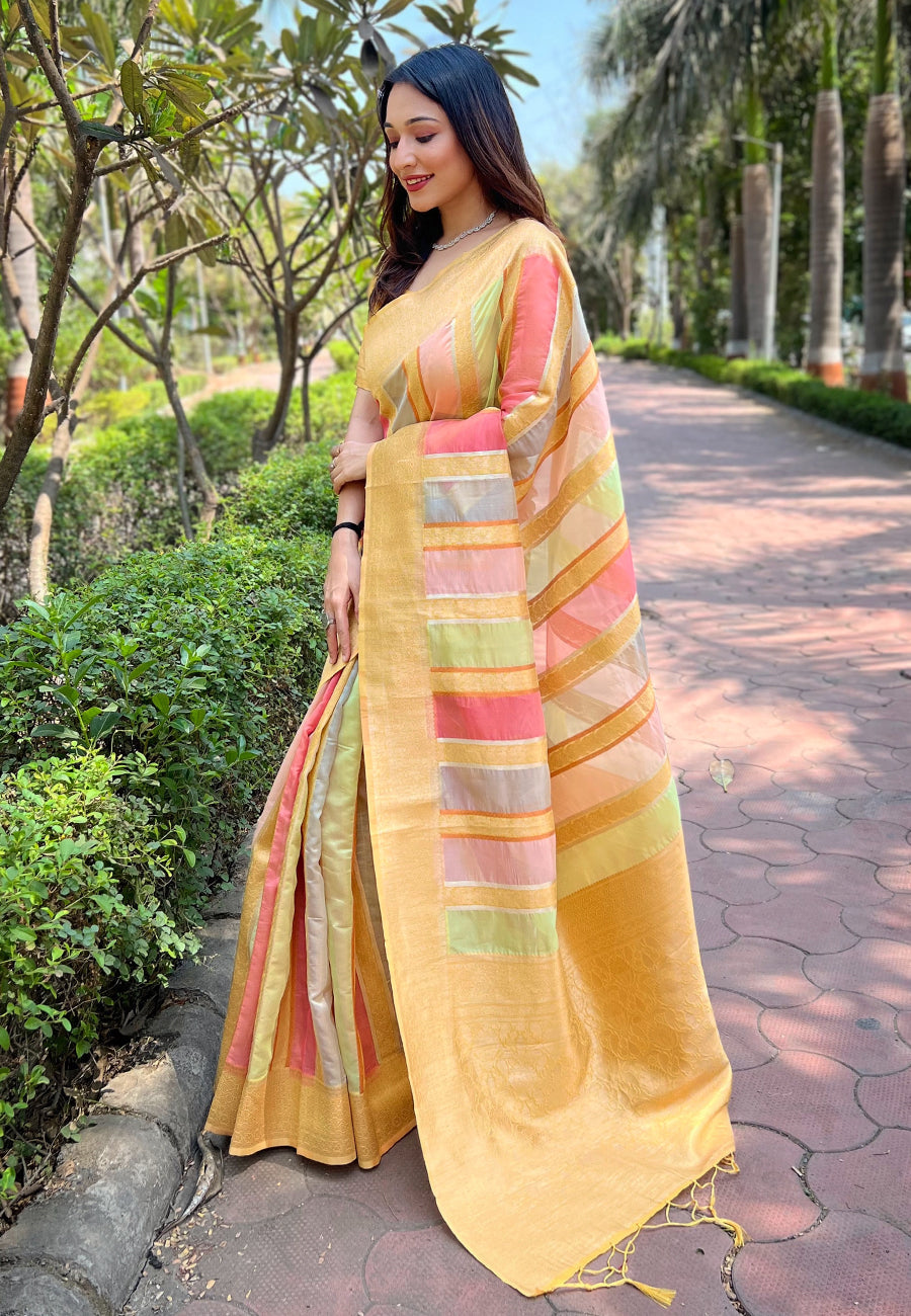 Yellow Organza Multicolor Latest Zari Woven Saree