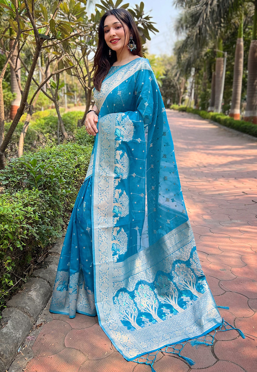 Blue Organza Floral Rainbow Zari Woven Unique Saree