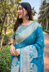 Blue Organza Floral Rainbow Zari Woven Unique Saree