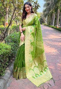 Parrot Green Organza Floral Rainbow Zari Woven Unique Saree